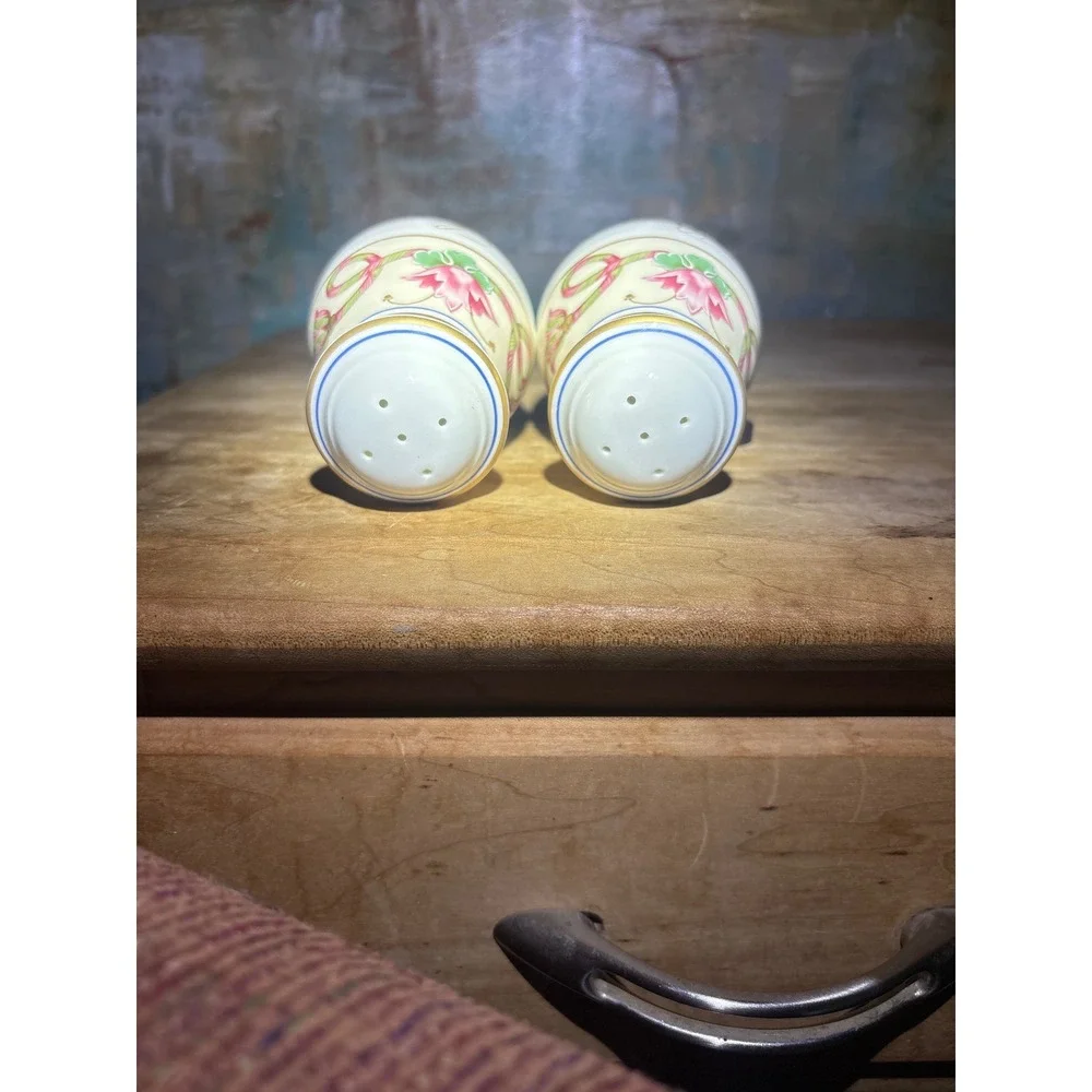Floral Porcelain Salt and Pepper Shaker Set Gold Trim Pink Lotus Baluster Style